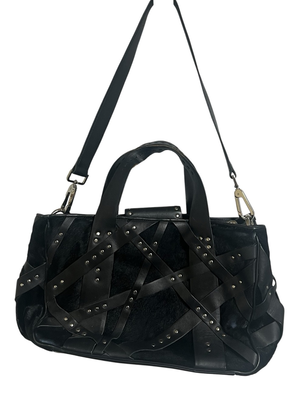 Donald J Pliner black calf hair and leather strappy silver studded satchel bag - Picture 2 of 11
